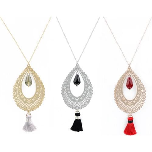 Fashion tassel crystal pendant vintage hollow computer chip water drop shape sweater necklace 18K Gold Plated necklace women