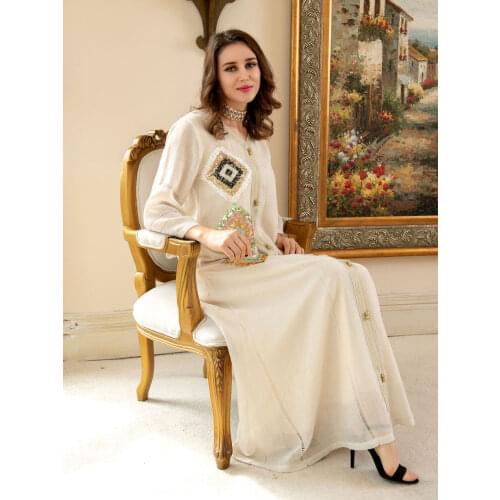 Womens Autumn Dress Lantern Sleeve Sundress muslim Kaftan Linen Maxi Dress Casual Long Vestidos Female V Neck Robe Plus Size