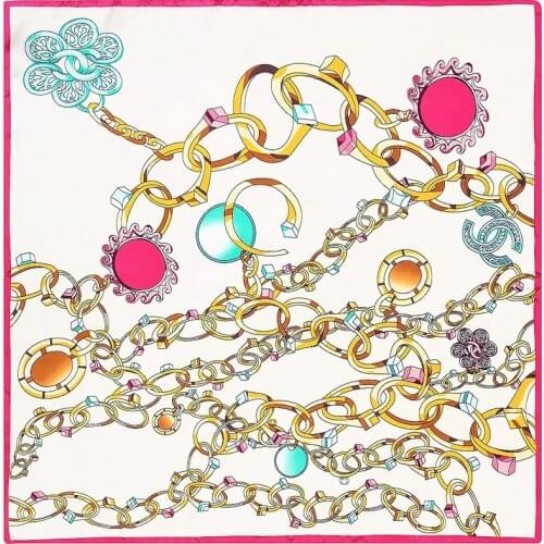 POBING Silk Square Scarf Women Gem Chain Print Foulards Hijab Bandana Lady Neckerchief Silk Scarves Wraps Headband 90cm*90cm