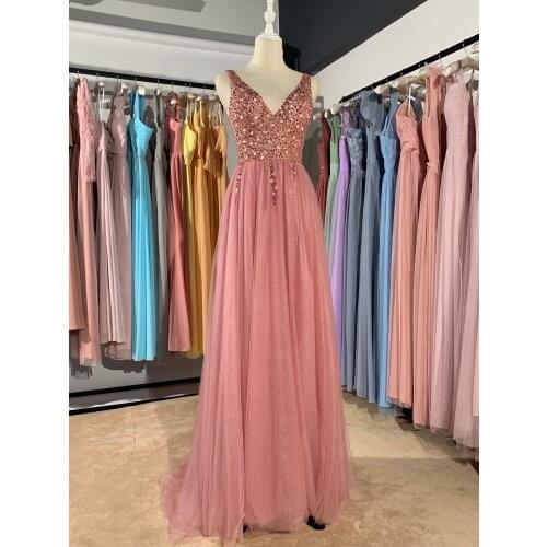 2021 new different color pink long v-neck Beading luckgirls Ruched Customizable fashion prom dress