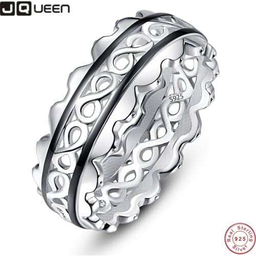 JQUEEN Womens 7mm Wide Infinity Design Black Line Plated Wedding Ring Silver 925 Jewelry Paving Set CZ Zircon Crystal Jewelry