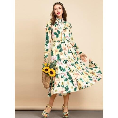 2021 Summer Fashion Runway Elegant Dress Women Plus Size 3XS-10XL Bow Collar Floral Print Belted Boho Holiday Party Dresses