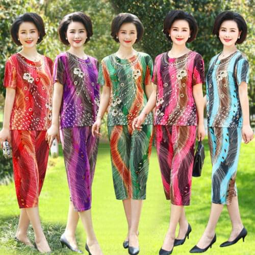 2021 Womens Summer Suit Ice Silk Printing Short Sleeve Top + Casual Pants Tracksuit Elegant Mother Plus Size 2 Piece Set L416