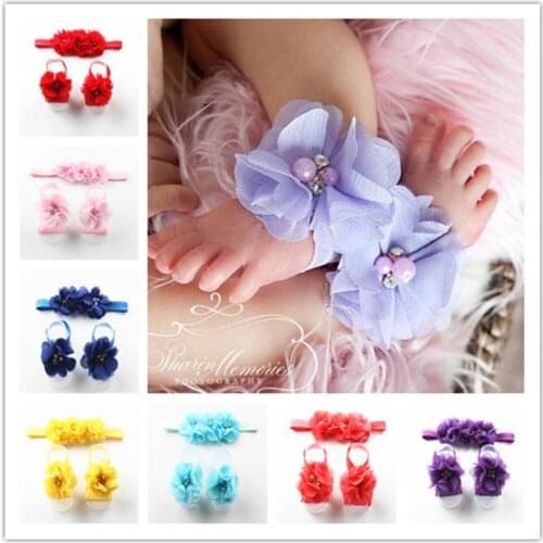 3 sets/lot New Fashion Newborn Baby Flower Headband Barefoot Sandal Sets Satin Flower Hair Accessories Baby Photography