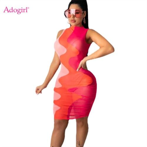 Adogirl Women Sexy Color Patchwork Sheer Mesh Bodycon Mini Dress Half High Neck Sleeveless Ruched Slim Night Club Party Outfits