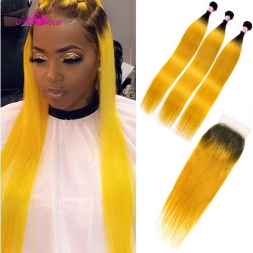 Ali Coco Brazilian Straight Human Hair 3 Bundles With Closure 1B/Yellow Color 10-30 Inch Remy Hair Lace Closure With Baby Hair
