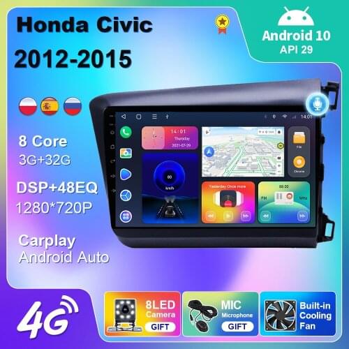For Honda Civic 2012 2013 2014 2015 Car Radio Multimedia Player Navigation Car Android Auto Carplay 4G 2 din Android 10 No DVD