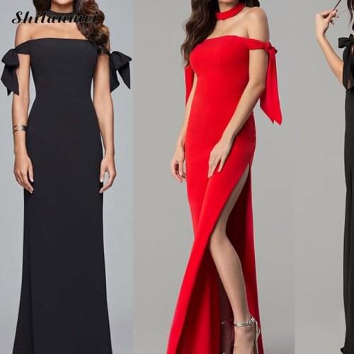 Elegant Black Red Evening Party Dresses Women Sexy Off Shoulder Choker Neck Robe Femme Short Sleeve Side Slit Long Maxi Dresses