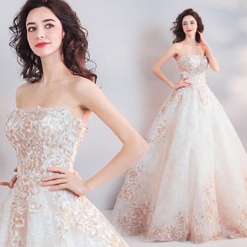 Elegant Full Length Wedding Dresses Strapless Appliques Sparkle Tulle Lace A-line Bridal Gowns Vestido De Novia In Stock