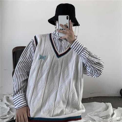 Coed V-Neck Cotton Sweater Vest Sleeveless Patchwork Autumn Spring Warm Spacious Clothes Knitted Fashion Casual male Coats Pull