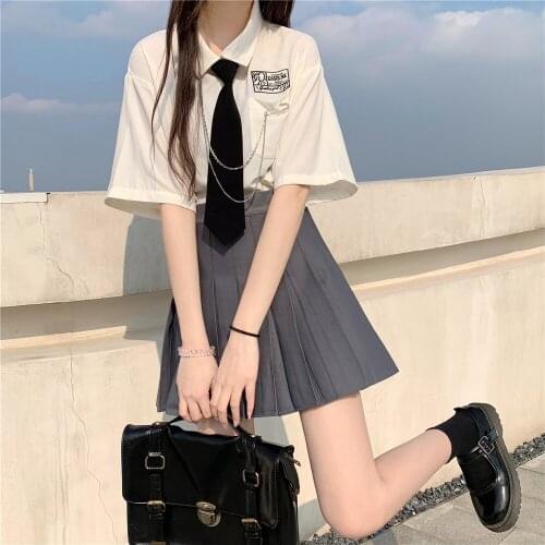 Jk short-sleeved white shirt design niche shirt gray pleated skirt suit sweet college style