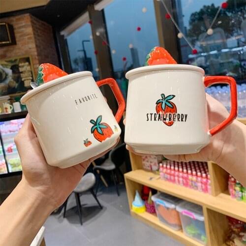 Korean version of cute mug with lid spoon super cute girl ceramic cup simple literary strawberry cup coffee cup female LB010216