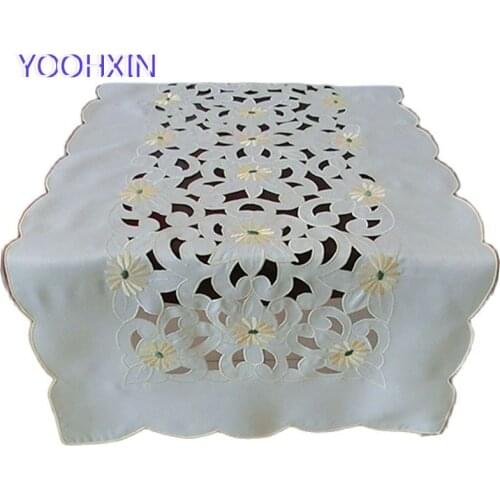 Luxury yellow satin Embroidery bed Table Runner flag cloth cover damask Lace tea coffee tablecloth Party kitchen Wedding decor