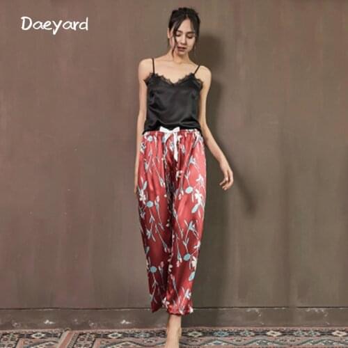 Daeyard Fashion Printed Pajamas 2Pcs Faux Silk Suspenders Set Women Sexy V-Neck Black Lace Pijama Wide-leg Pants Casual Homewear