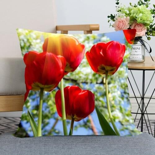New Arrival Tulips Flower Pillow Cover Bedroom Home Office Decorative Pillowcase Square Zipper Pillow cases Satin Soft No Fade