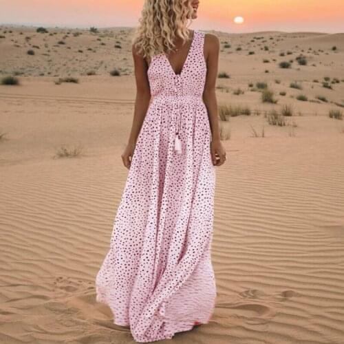 Summer New V-neck Sleeveless Long Dress Sexy Sea Beach Polka Dot Print Bohemian Dresses For Ladies Loose Dress Plus Size 2XL Top