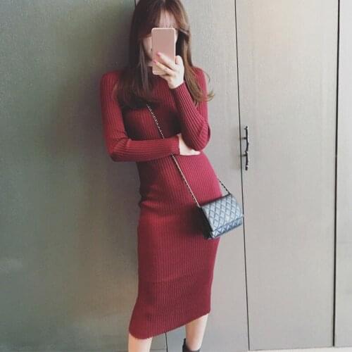 Autumn Winter Fashion Solid Color Rib Knitted Dress Women Turtleneck Long-Sleeved Dress Casual Slim Dress Female Vestidos