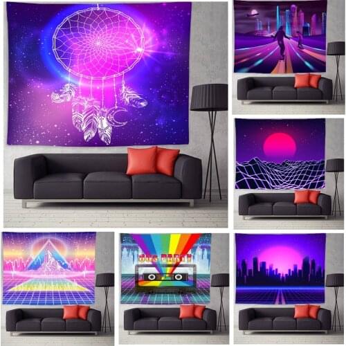 Retro Tapestry Retro Futuristic 80S Sci Fi Sun Mountains with Car Synth in 80S Tapestry Wall Hanging for Bedroom Living Room