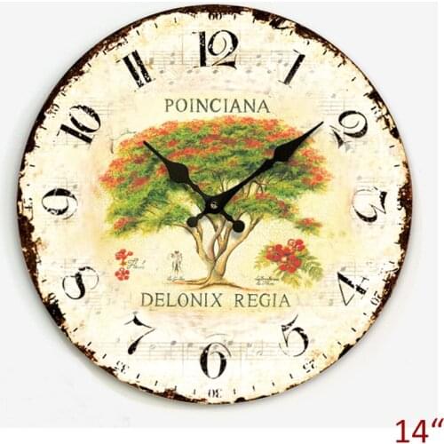 Antique Style Pastoral Accents Poinciana Delonix Regua Plant Laminated Paper Print 34CM Round MDF Home Decor Wall Clock