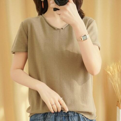 SZDYQH 100% Cotton Knitted Sweater Female Pullover V-neck Short-sleeved Thin Soft Jumper Women Loose Plus Size T-Shirts Tops