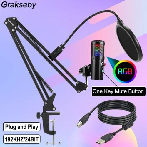 USB RGB Microphone Gaming Professional 192Khz/24Bit Studio Condenser Mic Kit With Boom Arm Stand Pop Filter for Youtube Computer