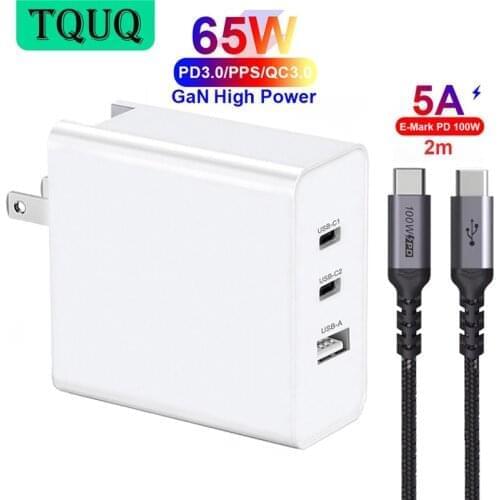 TQUQ 3-Port 65W GaN USB-C Charger, Cell Phone Type C PD USB Power Supply Fast Charging Block For MacBook Xiaomi iPhone 12 iPad