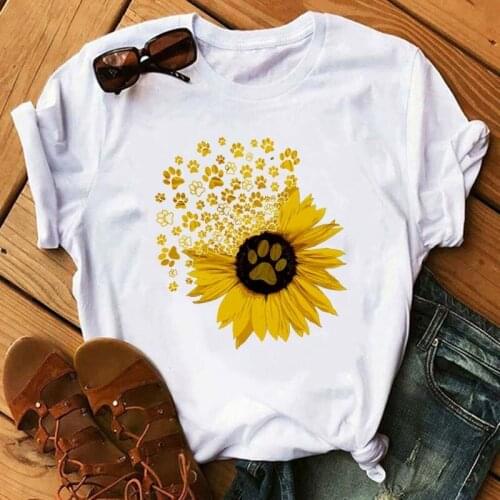 Women Sunflower Dog Paw Cute Foot Floral T Shirts Fashion Graphic Printed Woman Harajuku Punk Tops Tees Shirt T Female