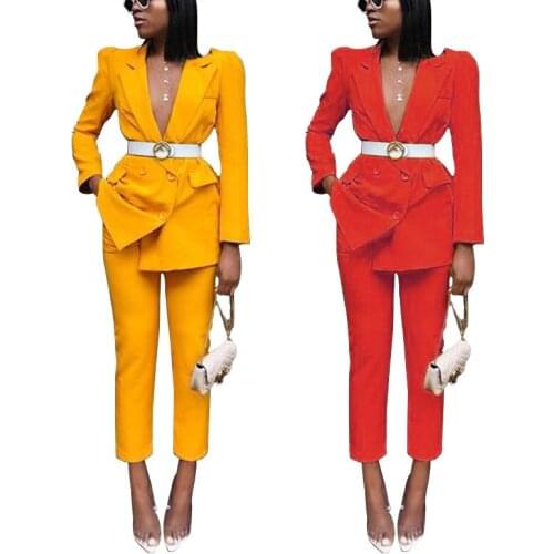 Long-sleeved jacket and pants 2 two-piece womens autumn and winter new ladies pants set solid color suit jacket pants two-piece