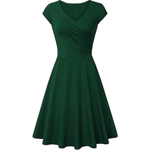 2021 Summer Fashion Women Dresses Summer Solid Color V Neck Short Sleeve Plated Swing Party Banquet Dress Womens Clothing