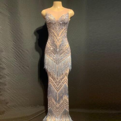 New Design See Through Fringes Stones Dress Womens Birthday Celebrity Mesh Long Dress Stage Costume Dance Outfit