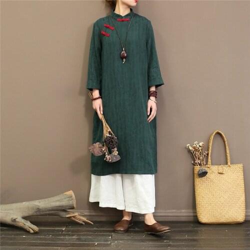 Johnature Cotton Vintage Dress Spring Cheongsam Women 2021 New Stand Long Sleeve Button Chinese Style Women Cloths Loose Dress