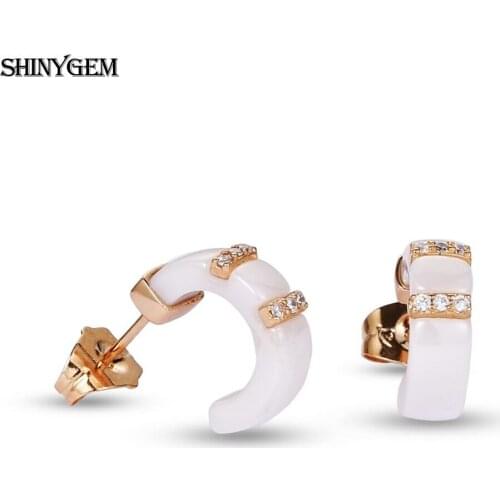 2020 Fashion Korean Zircon Micro Pave Gold Plated White Pottery Jewelry Ceramics Stud Earring Piercing For Women Girl Party Gift