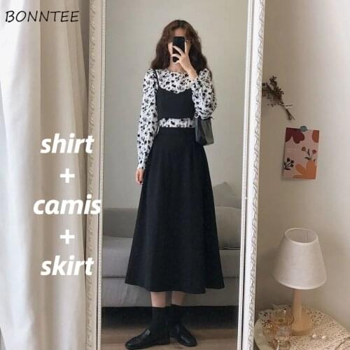 Women Sets O-neck Printed Full Puff Sleeve Mid-calf Casual Design Spring Autumn College A-line Cozy Tender Vintage Holiday 3 Pcs