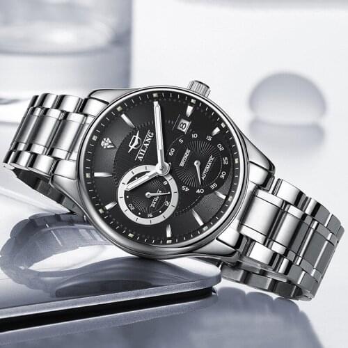 AILANG Mens Watch Black Dial Stainless Steel Sports Leisure Waterproof Mechanical Watch Luxury Diamond Calendar Mens Watch