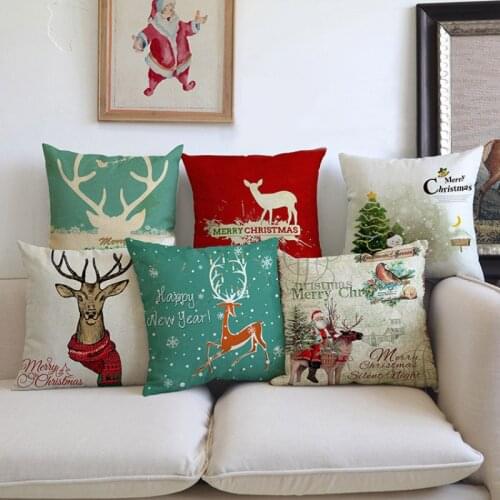 Santa Claus Reindeer Snowman Merry Christmas Xmas Tree Pattern Pillow Case Festival Home Sofa Decorative Cushion Cover 45x45cm