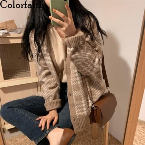 Colorfaith 2020 Autumn Winter Womens Sweaters Korean Style Plaid Checkered Knitted Buttons Cardiagans Ladies Knitwears SWC18143