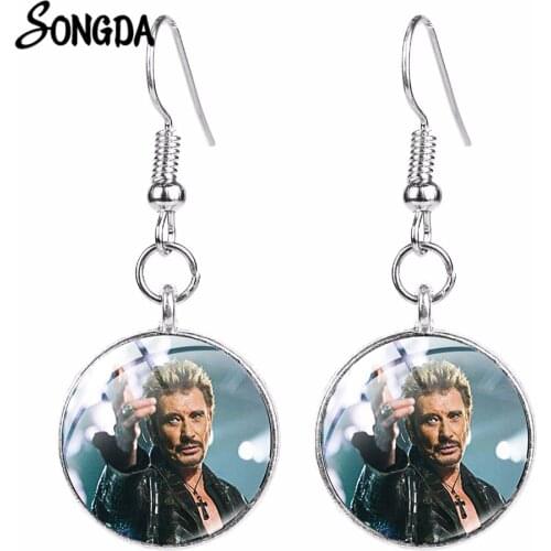 Fashion Johnny Hallyday Drop Earrings Famous Music Star Art Photo Glass Dome Bronze Plated Earring Fans Souvenirs Gifts
