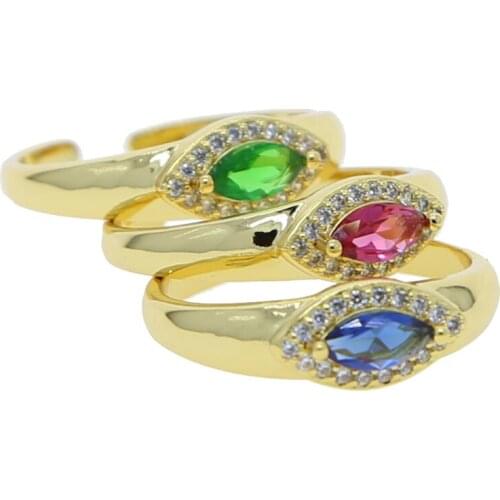 Gold Color Fashion Women Finger Jewelry Colorful Birthstone Blue Green Red Evil Eye Open Adjust Riing