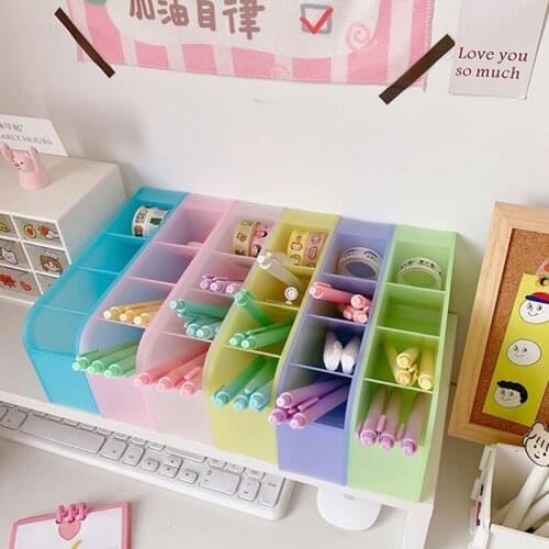 New Kawaii Macaroon Color 4 Gird Desktop Organizer Pen Holder Big Size Desk Makeups Pencil Storage Box School Stationery