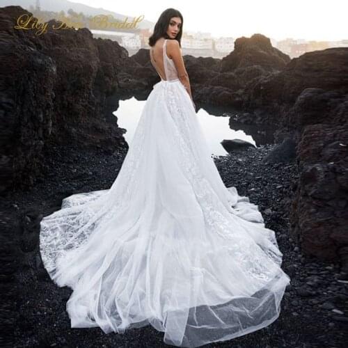 New Arrival Backless Wedding Dress 2020 Glitter Lace Soft Tulle Open Back Beach Bridal Gowns vestido de novia