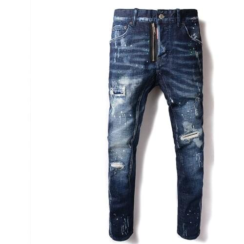 New Mens Hole Jeans Print Feet Nine Pants Skinny Jeans Men Streetwear Ripped Jeans for Men Hip Hop Blue Men Clothes 2020 Denim