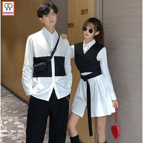 Matching Couple Solid White Shirt Dress Long Sleeve Button Tops Basic Wear Male Female Couple Lovers Clothes