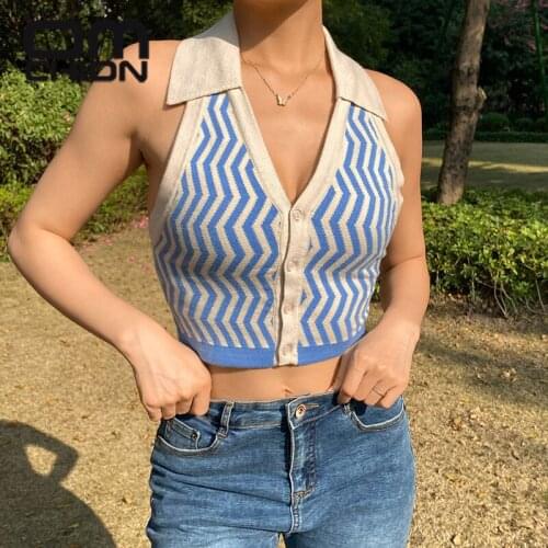 OMCHION Knit Tops For Women 2021 New Striped Neckline V-neck Backless Sweater Vest Volleyball Button Slim Sexy Crop Top LT03