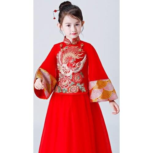 Girls Cheongsam Wedding Dress Kids Chinese Traditional Dress For Children Hanfu Dress Red Chinese Traditional Costume FF1606 L