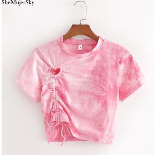 SheMujerSky Pink Women Tee Heart Hollow Out Cropped Tshirt 2020 Summer Drawstring Slim Tees