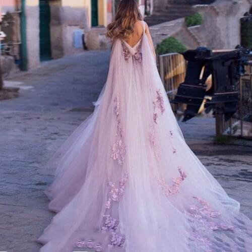 Gy Boho Wedding Dress 2019 3D Flowers Light Purple Beach Bride Dresses Backless Puff Tulle Wedding Gowns Long Train Floor Length