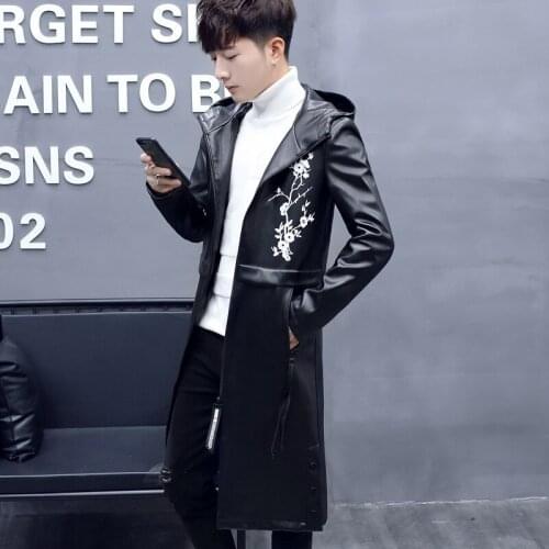 Winter New Thick Warm Mens PU Leather Medium Length Trench Coats Fashion Floral Printed Stand Collar High Street Coats Plus Size