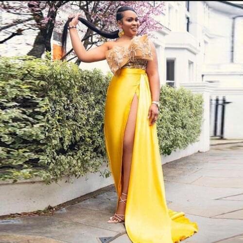 Bright Yellow Two Pieces Prom Dressess High Side Split Big Bow Appliques African Women Formal Evening Dress robes de cocktail