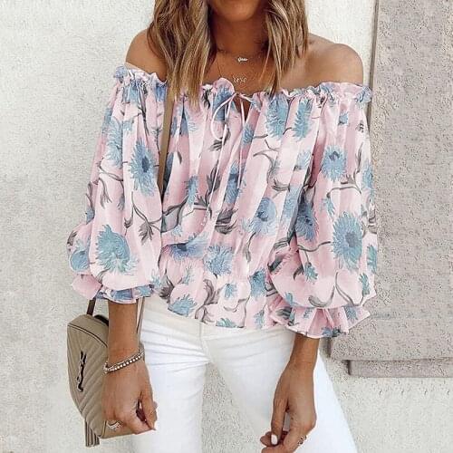 2021 Women Long Sleeve Off Shoulder Floral Print Summer Causal Lace Up Blouse Tops Shirts Female Blouses Sexy Casual Blouse