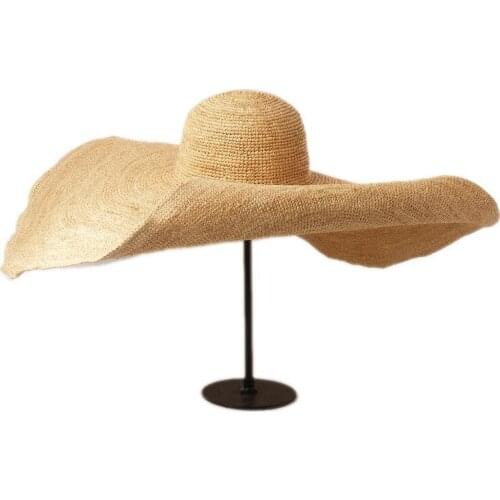 2021 New Hand-woven 30cm Oversized Raffia Straw Hat For Women Stage Catwalk Style Beach Seaside Vacation Cap Foldable VRIGINER